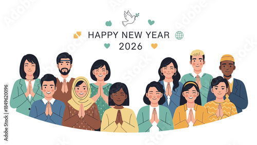 Diverse group of people in business attire wishing Happy New Year 2026 with hands together in a celebratory gesture against a clean white background.