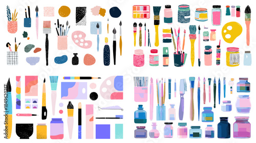Colorful watercolor art tools and stationery collection with pens brushes paints and craft supplies perfect for creative projects education and playful design.