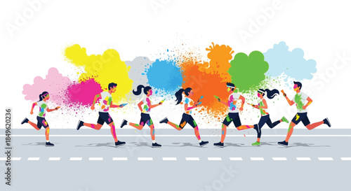 Diverse group of people running in a colorful race event.