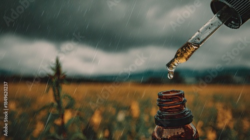 Essential oil drop falling into a bottle during a rainy day.