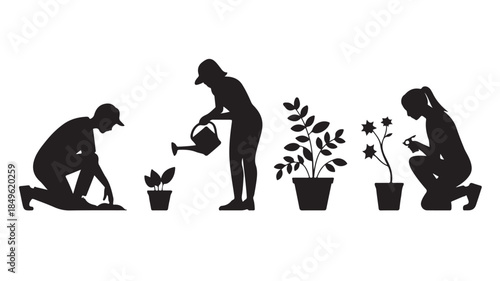 Woman Gardening Silhouettes in Minimalist Black Style with Soft White Lighting on Isolated White Background for Horticulture Illustration
