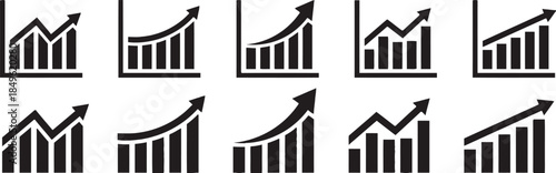 Collection of rising bar graphs with arrows for visual representation