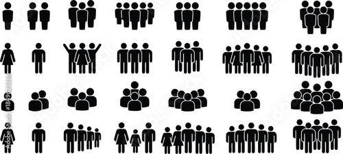 Collection of People Icon Groups in Black Silhouette Style
