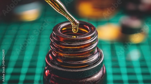 Amber glass bottle being filled with a golden liquid.