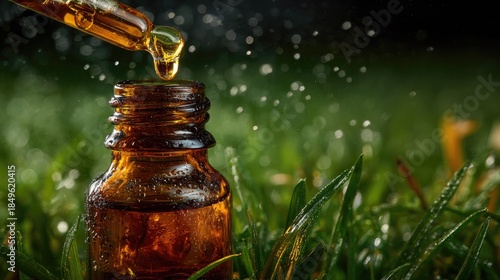 Amber glass bottle with essential oil being dripped into it outdoors.