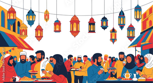 Diverse group of people enjoying a vibrant marketplace scene.