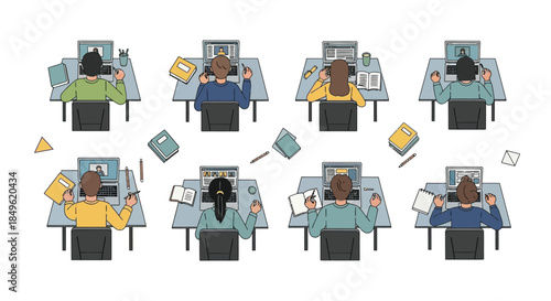 Diverse group of people working diligently at their desks.