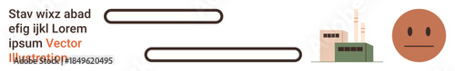 Communication, industry, emotions, design, industrial visuals, content layout. Factory building and neutral face with text lines. Communication and industry through graphics and text arrangement