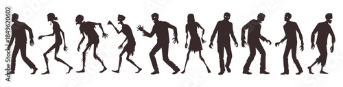diverse silhouettes of walking zombie characters