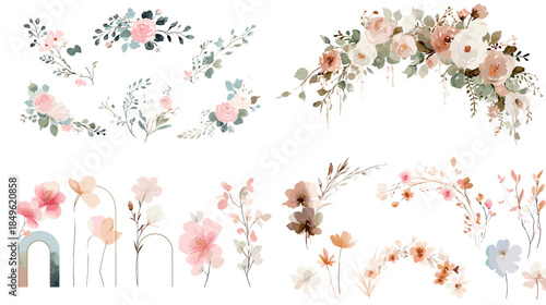 Watercolor floral borders and botanical arrangements with soft pastel flowers perfect for wedding invitations romantic decor branding and elegant nature design.