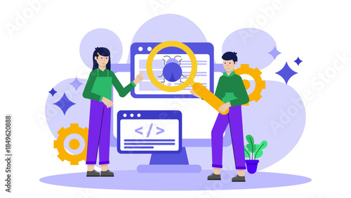 QA Tester Identifying Bugs in s Software Application. Flat Vector Illustration