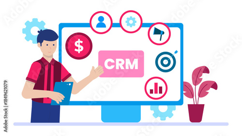 Implementing a New Customer Relationship Management (CRM) System. Flat Vector Illustration