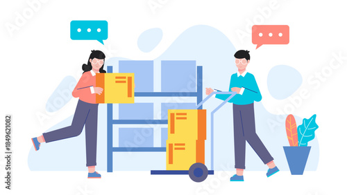 Shipping and Receiving at a Fulfillment Center. Flat Vector Illustration
