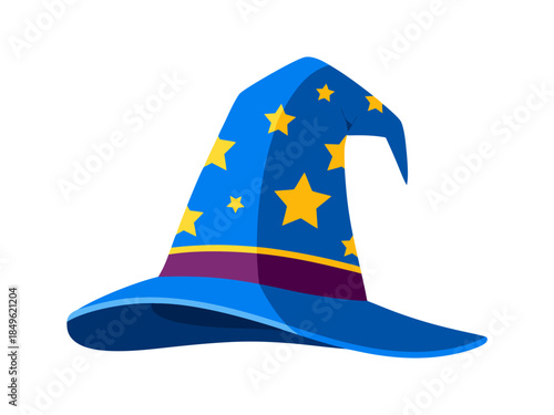 Enchanting blue wizard hat adorned with sparkling yellow stars, a whimsical accessory for fantasy, magic, and storytelling designs, evoking wonder