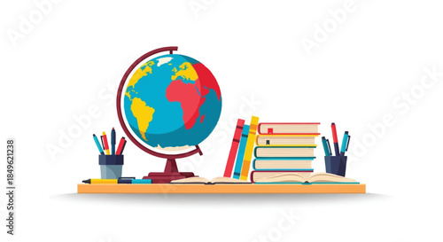 Educational Globe and Books on a Shelf.