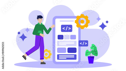 Web Developer Optimizing Site for Mobile Devices. Flat Vector Illustration