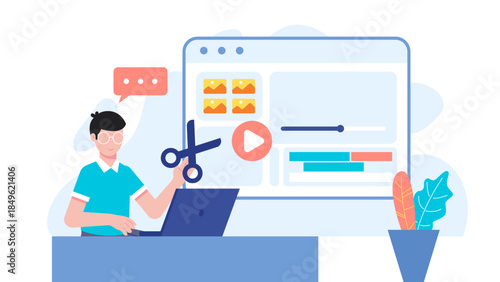 Video Editor Working on a Post-Production Timeline. Flat Vector Illustration