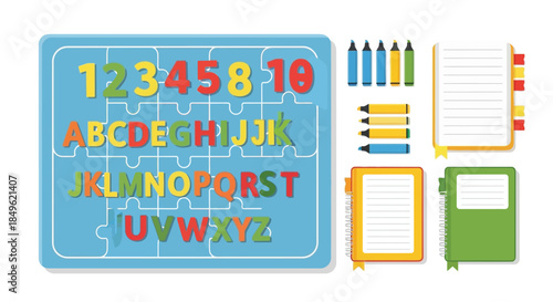 Educational Puzzle Board with Numbers and Alphabet Letters.