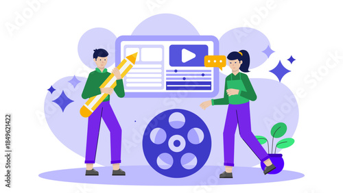 Video Editor Working on a Post-Production Timeline. Flat Vector Illustration