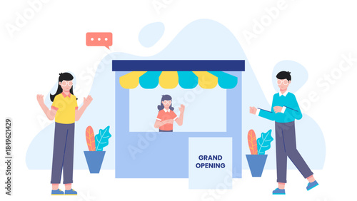 Brand Launching a Pop-Up Shop in a City. Flat Vector Illustration
