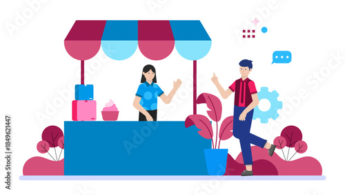 Brand Launching a Pop-Up Shop in a City. Flat Vector Illustration