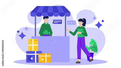 Brand Launching a Pop-Up Shop in a City. Flat Vector Illustration