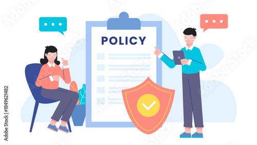 Insurance Agent Customizing a Policy for a Client. Flat Vector Illustration