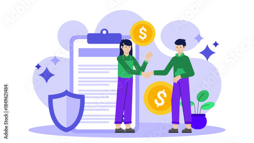 Insurance Agent Customizing a Policy for a Client. Flat Vector Illustration