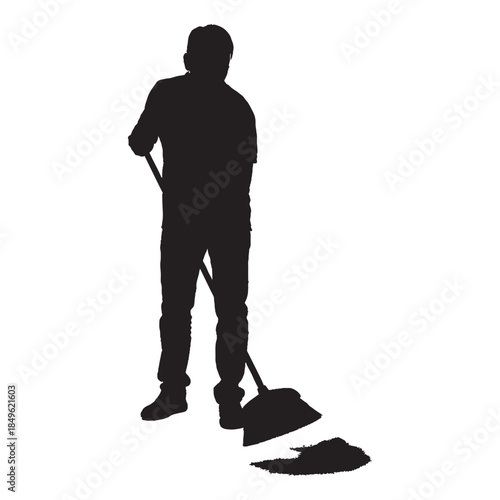 Man sweeping floor silhouette isolated.
Person cleaning with a broom.
Janitor sweeping dust silhouette graphic.
