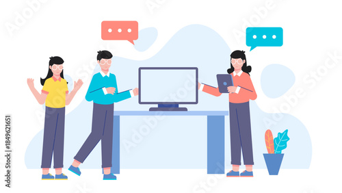 Team Rolling Out New Hardware to Employees. Flat Vector Illustration