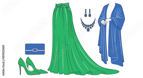 Elegant Green Gown and Blue Accessories Fashion Ensemble.
