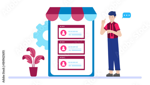 Small Business Receiving a Rave Online Review. Flat Vector Illustration