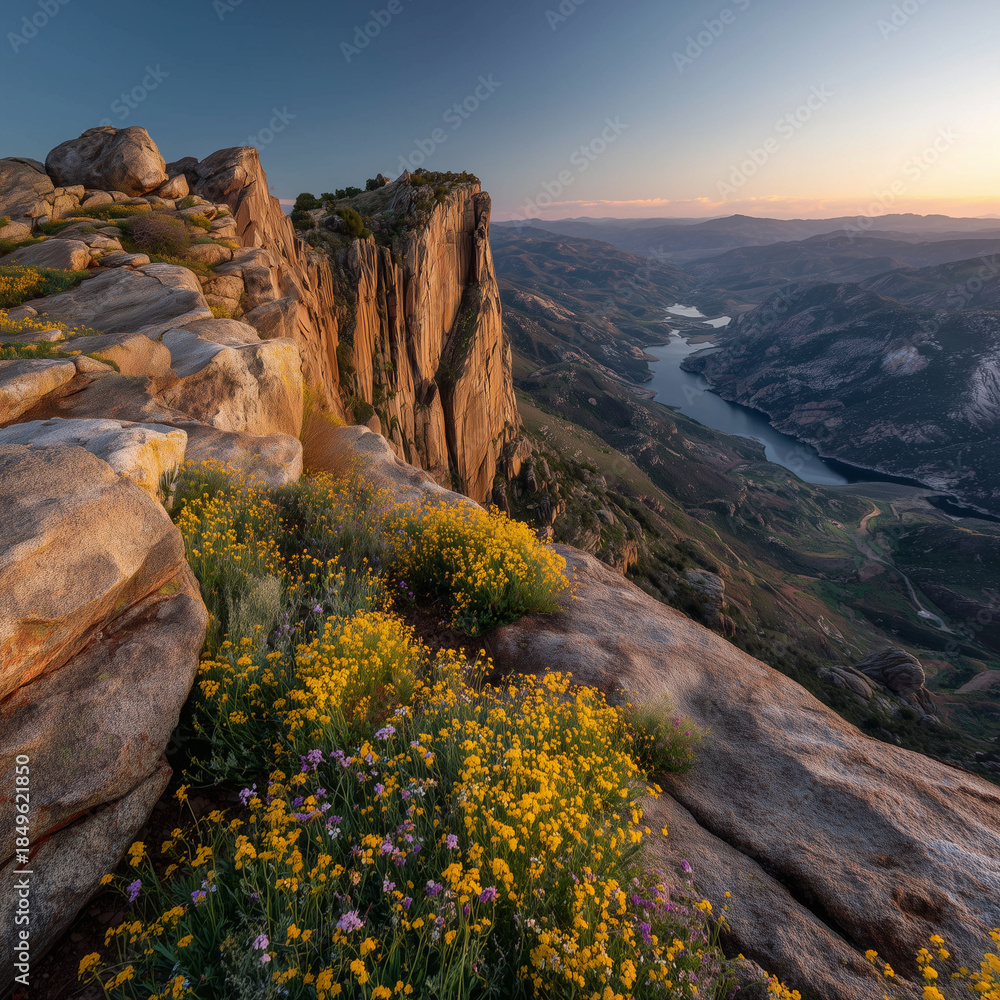 Fototapeta premium cliffside viewpoint overlooking valley at golden hour