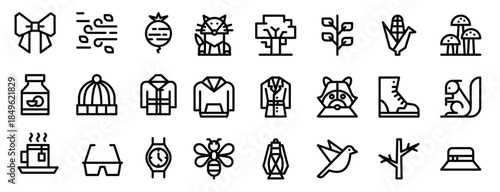 line icons including mushroom corn leaf tree fox