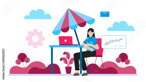 Digital Nomad Working from a Tropical Location. Flat Vector Illustration