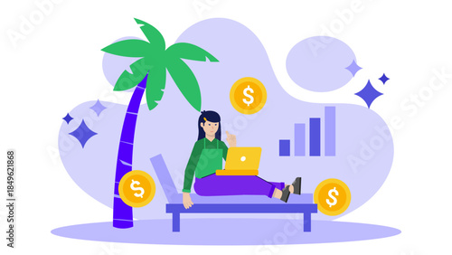 Digital Nomad Working from a Tropical Location. Flat Vector Illustration
