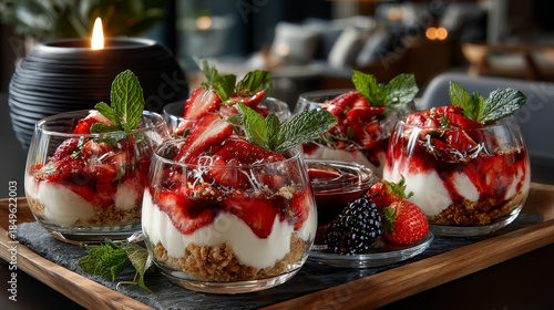 Assortment of creamy gourmet strawberry desserts layered in decorative patterns in individual glass containers