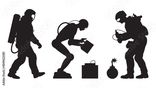 Bomb Disposal Experts in Action with Protective Gear in Monochromatic Silhouette for Security Illustration