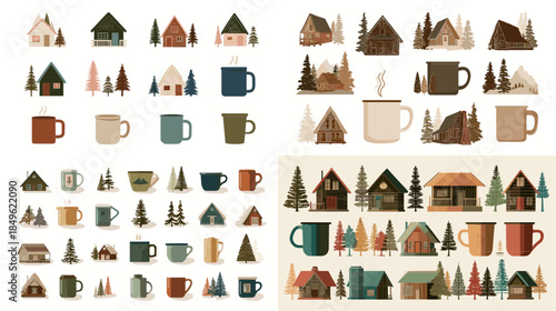 Watercolor cozy village houses and cabin collection with trees and mountains perfect for winter decor storytelling illustration branding and charming lifestyle design.