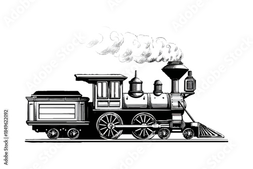 Vintage black and white illustration of an antique steam engine train moving forward. Retro transport concept. Detailed drawing of historical locomotive with coal car.
