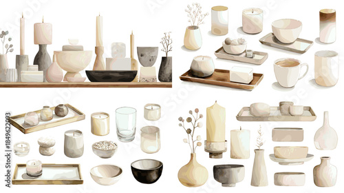 Watercolor ceramic tableware and decor set with cups bowls plates and vases ideal for minimalist interior styling kitchen branding and elegant lifestyle illustration.