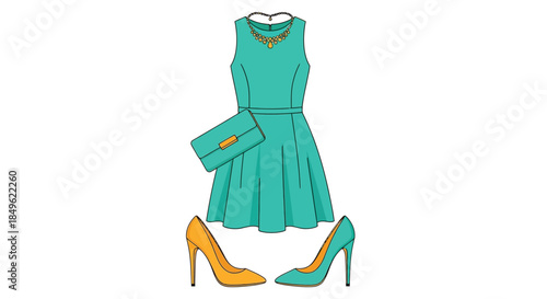 Elegant Teal Dress with Matching Accessories and Shoes.