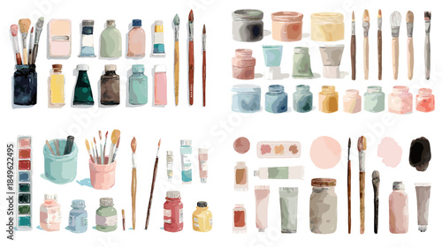 Watercolor art supplies and paint tools collection with brushes palettes jars and stationery perfect for creative projects art education branding and studio lifestyle design.