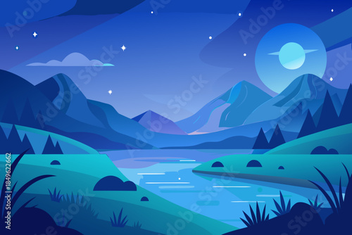 Blue night landscape with planet and mountains river and stars nature