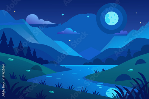 Enchanting blue night landscape with glowing orbs and moon nature mountain