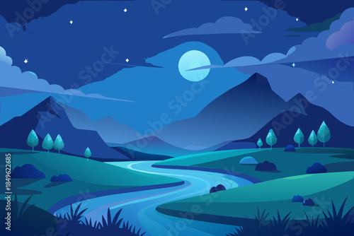 Expansive blue night landscape with layered mountains river and moon nature