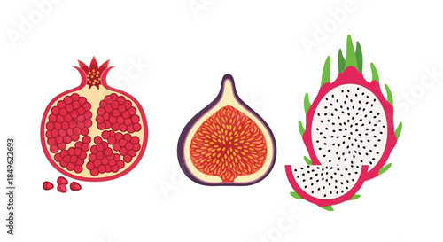 Vibrant Pomegranate, Fig, and Dragon Fruit Halves Displayed.