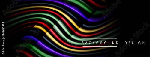 Abstract colorful lines create dynamic wave pattern. Dark background emphasizes vibrant hues, modern design element.