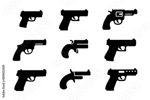Handguns Vector Icons set such as Pistol, Revolver, Firearm and Sidearm