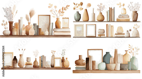 Watercolor still life shelf decor with vases books frames and neutral objects perfect for modern interior styling branding and minimalist lifestyle illustration.